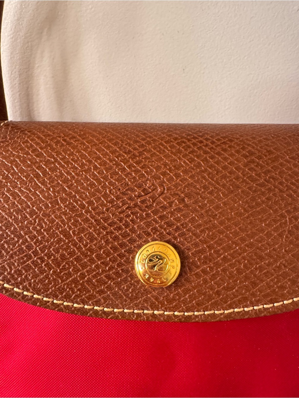 Longchamp Original S Handbag Red Nylon with Brown Leather Trim - Picture 4 of 8